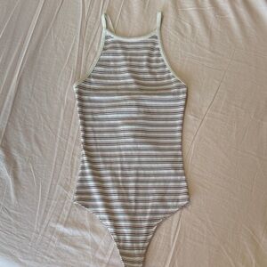 Abercrombie & Fitch Striped Ribbed Bodysuit in White and Multicolor Stripes